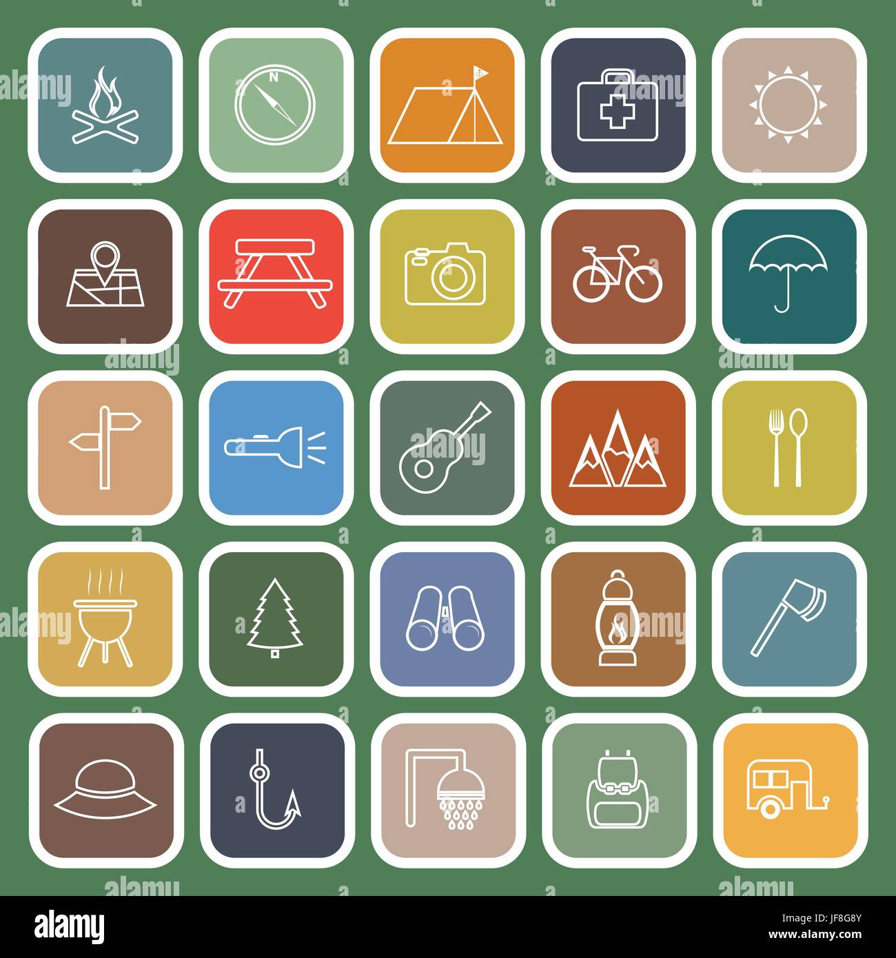 Camping line flat icons on green background Stock Vector Image & Art ...
