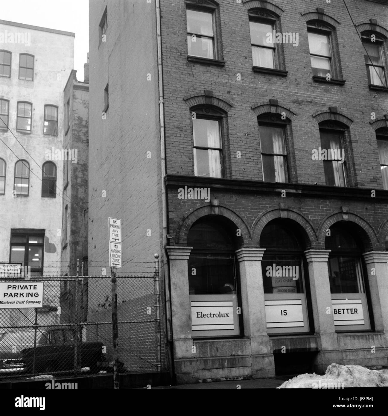 A historic photograph capturing the Electrolux building on Prince Street in Halifax, reflecting the evolution of commercial buildings and urban development in Canada. Stock Photo