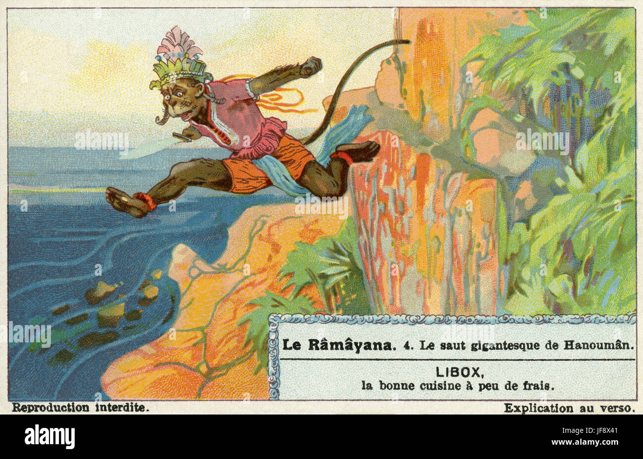 Ramayana, Sanskrit epic poem ascribed to Valmiki. Hanuman's giant leap across the sea to Lanka. Liebig collectors' card 1931 Stock Photo