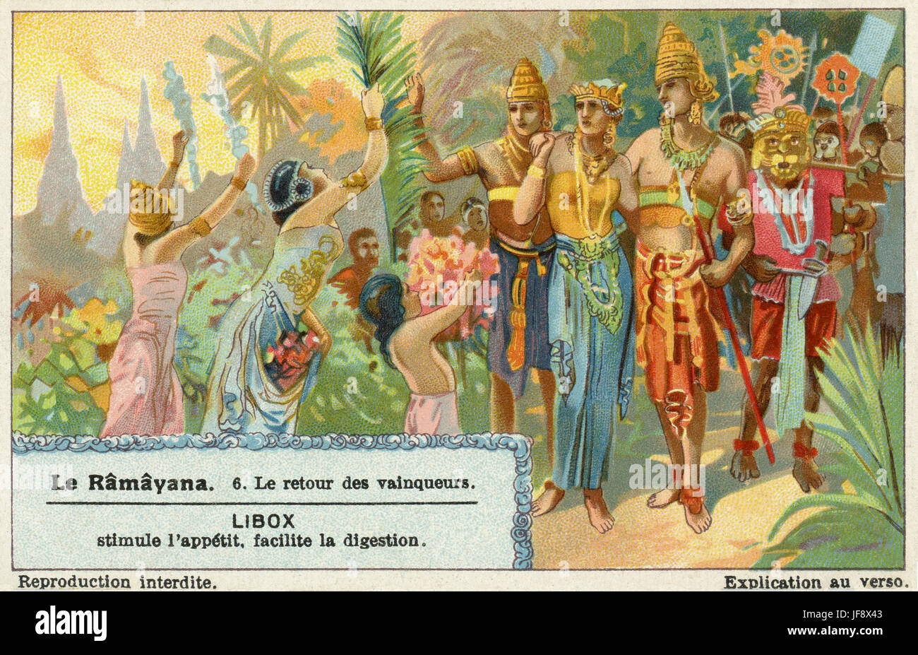 Ramayana, Sanskrit epic poem ascribed to Valmiki. Return of the victors, Rama, Hanuman and Sita. Liebig collectors' card 1931 Stock Photo