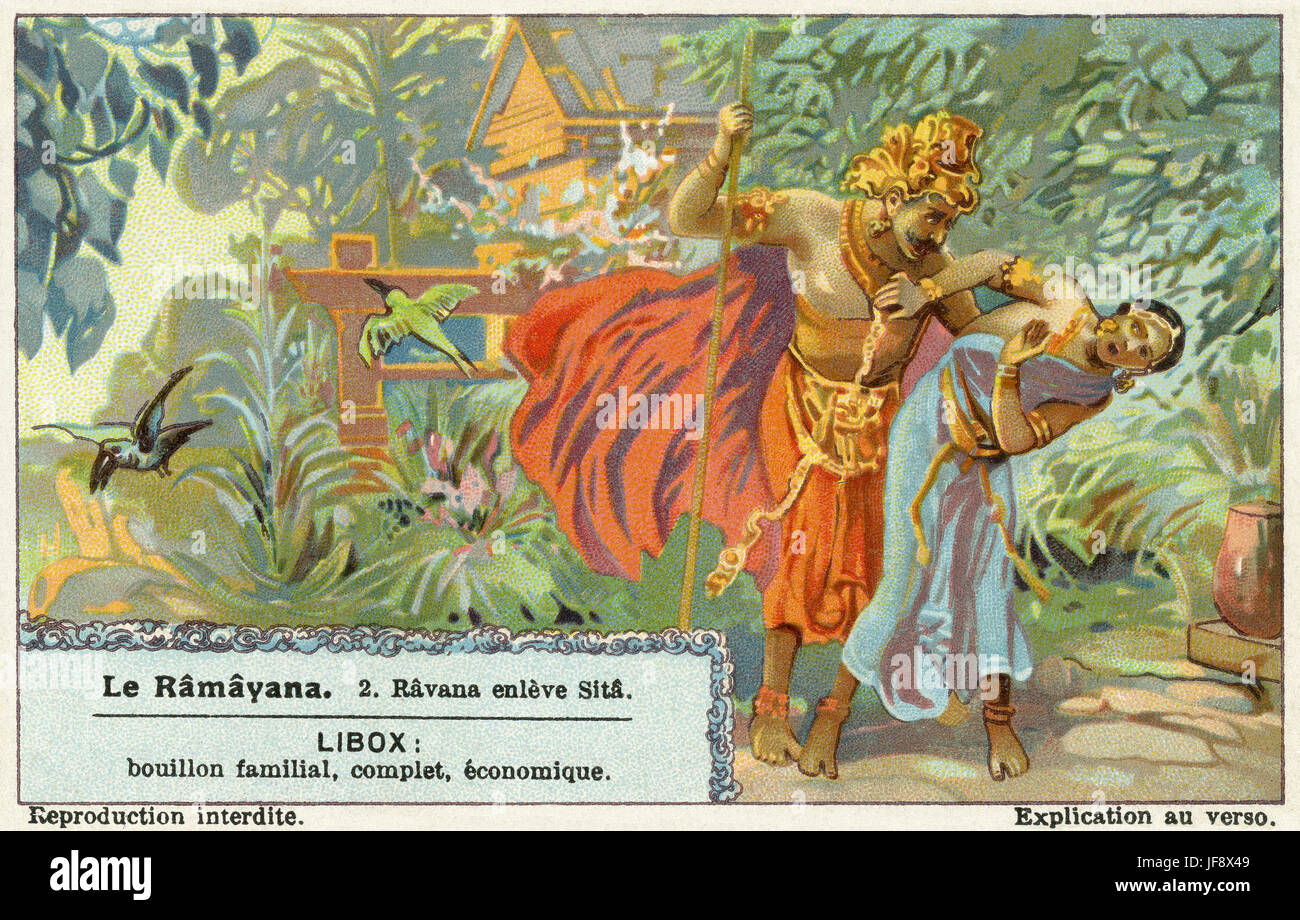 Ramayana, Sanskrit epic poem ascribed to Valmiki. Ravana kidnaps Sita. Liebig collectors' card 1931 Stock Photo