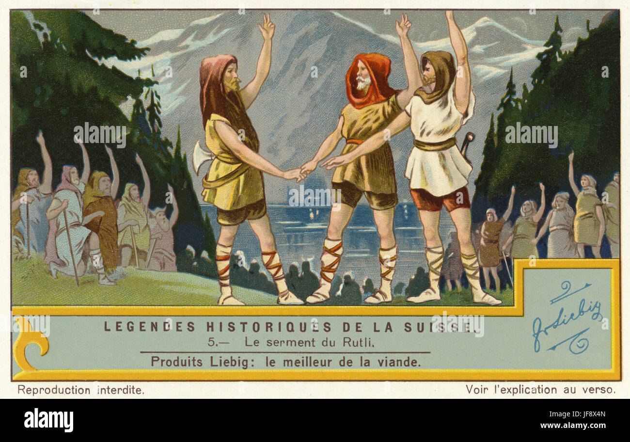 Rutlischwur, legendary oath of the Old Swiss Confederacy (features in Schiller's William Tell). Historical legends of Switzerland. Liebig collectors' card 1931 Stock Photo