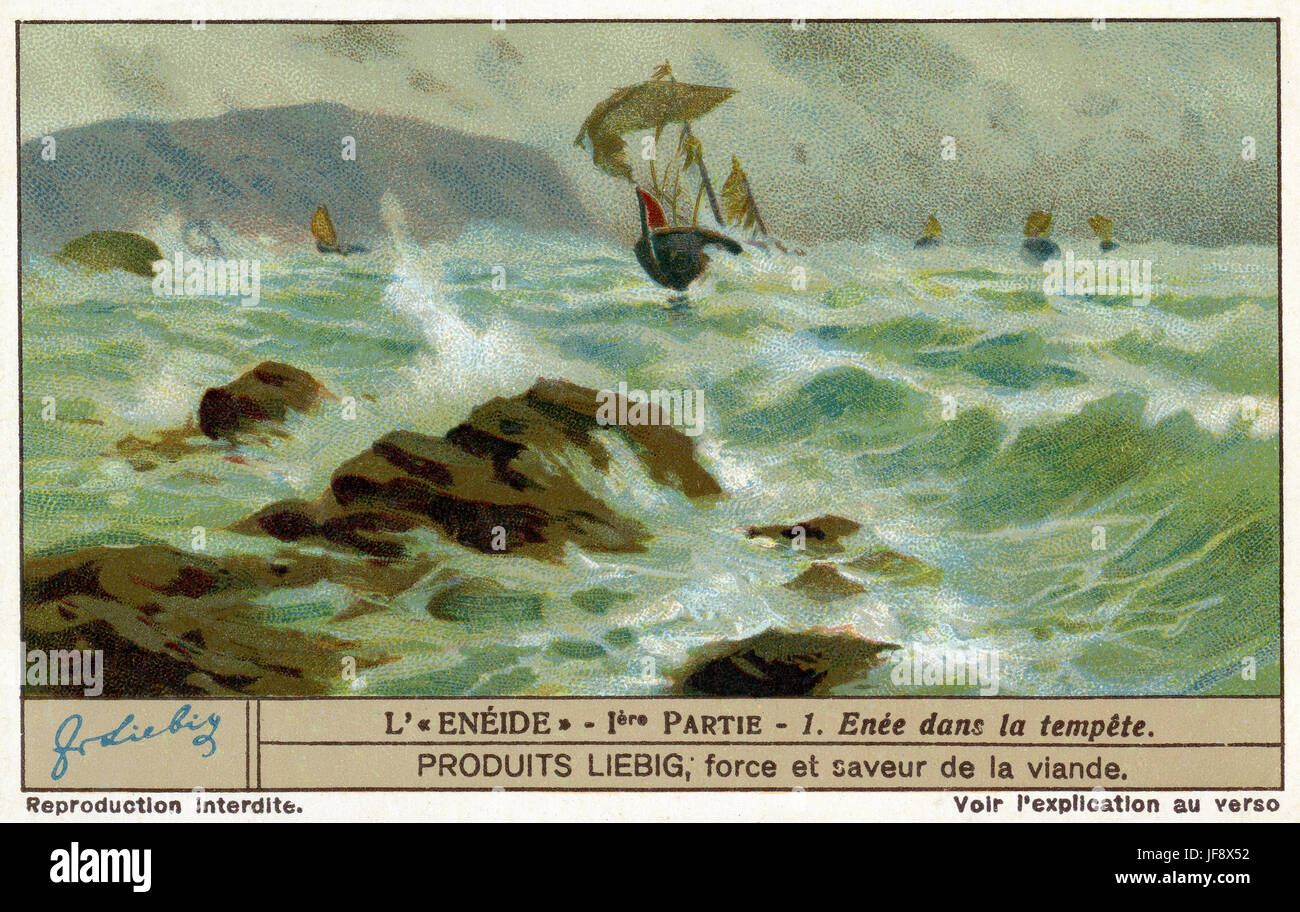 The Aenied, epic poem by Virgil. Aeneas' fleet in the storm brewed by Aeolus at Juno's request.  Liebig collectors' card 1930 Stock Photo
