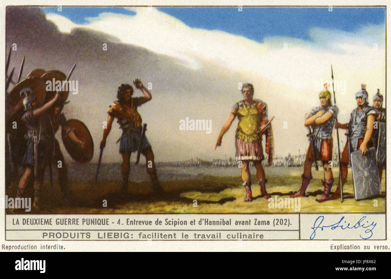 Meeting between Scipio and Hannibal before the Battle of Zama. Second Punic War between Carthage led by Hannibal and the Roman Empire. Liebig collectors' card 1939 Stock Photo