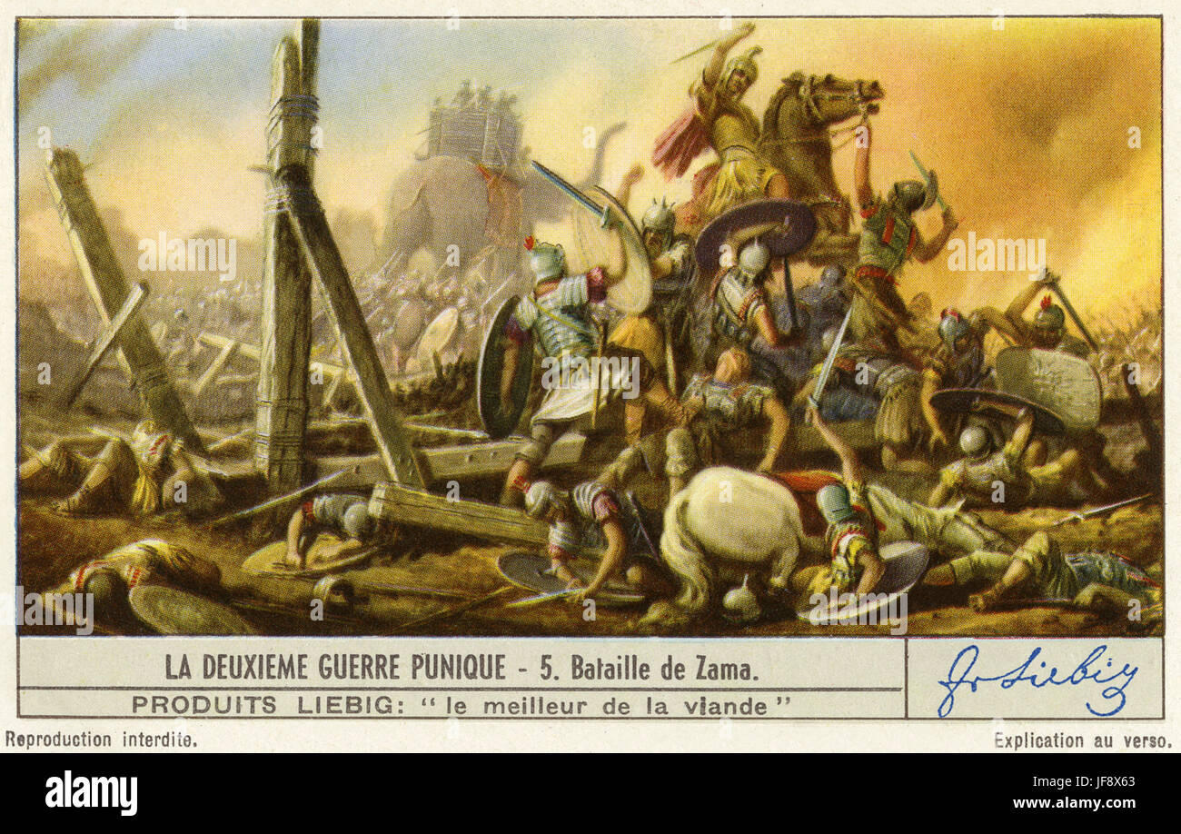 Battle of Zama. Second Punic War between Carthage led by Hannibal and the Roman Empire. Liebig collectors' card 1939 Stock Photo