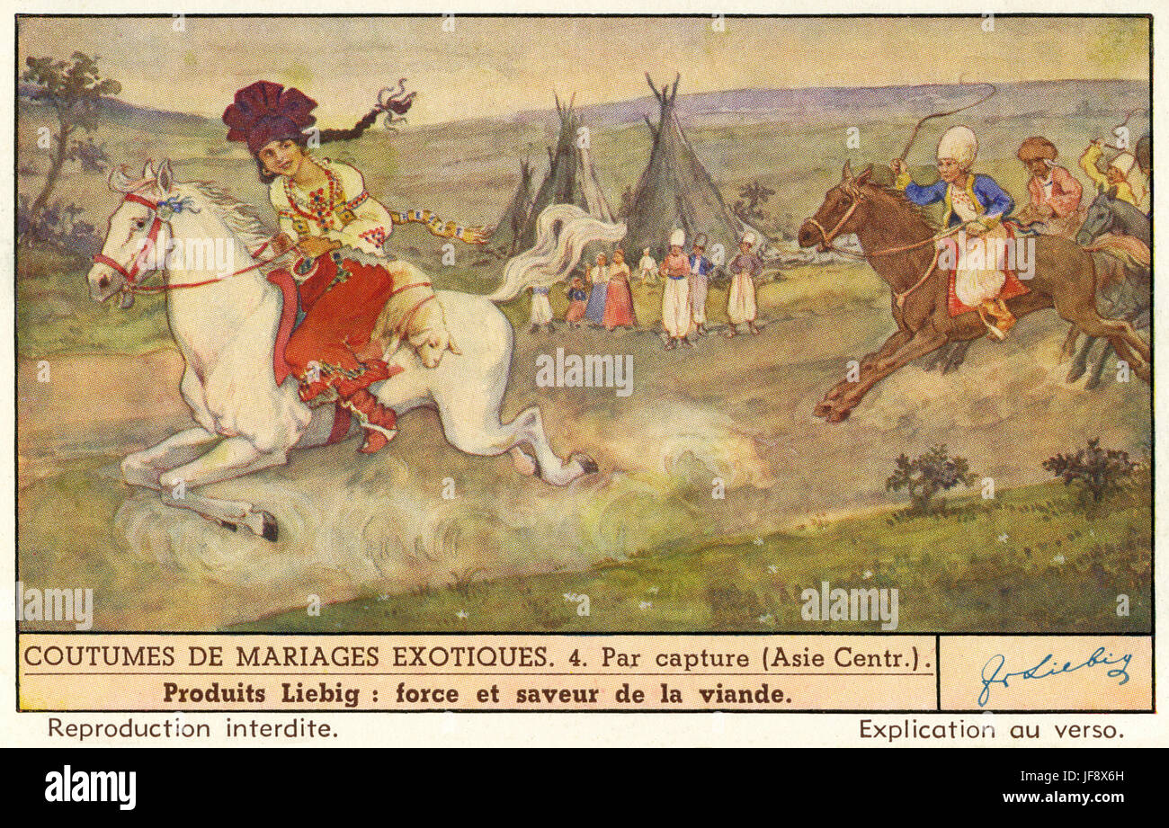 Turkomans/ Turkmen  Central Asian wedding ceremony.  Groom on horseback chases bride from neighbouring village  on her horse. Wedding customs.. Liebig card 1941. Stock Photo