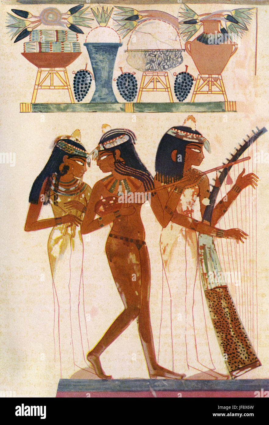 Musicians playing harp from from tomb of Nakht (ancient Egyptian official). Girl playing harp with large sound box, lute player and double flute or double aulos player.  Note pots on reed mat with lotus blossoms across them.  ( Theban Tomb TT52  located in Sheikh Abd el-Qurna, part of the Theban Necropolis,   on West Bank of the Nile, opposite Luxor) Stock Photo