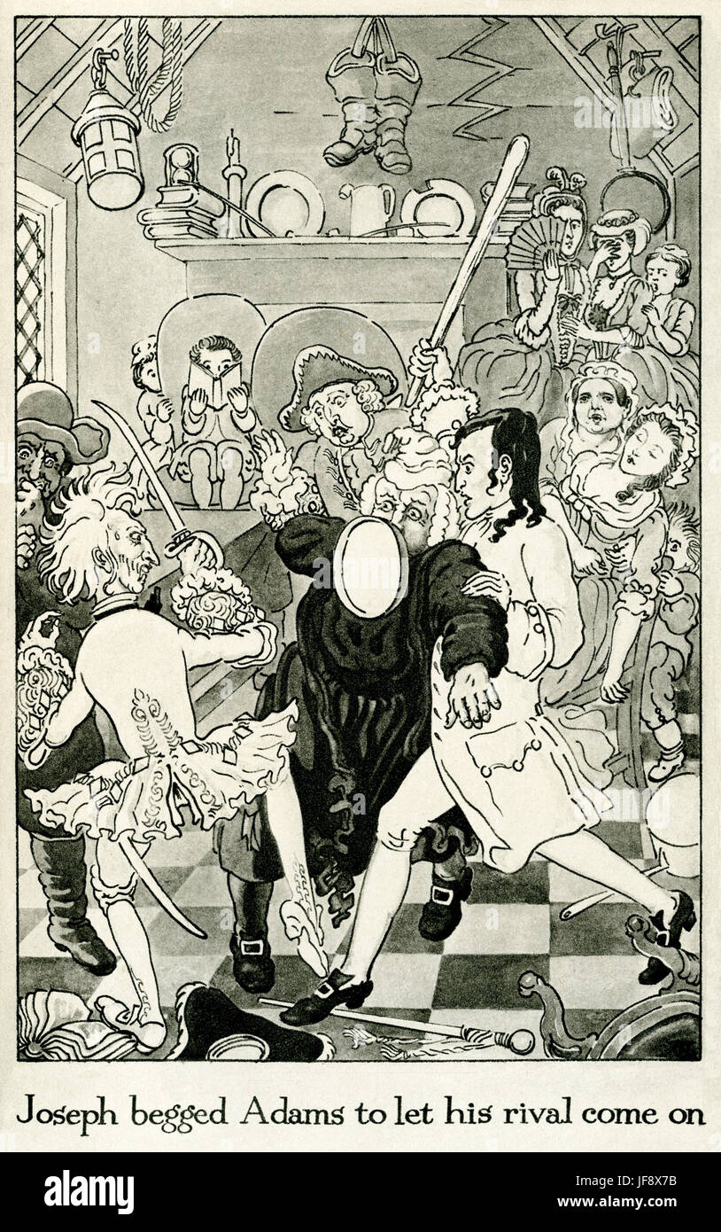 The History of the Adventures of Joseph Andrews and his friend Mr Abraham Adams by Henry Fielding. Illustration by Norman Tealby. Caption reads:Joseph begged Adams to let his rival come on, for he had a good cudgel in his hand, and did not fear him. Fanny now fainted into Mrs. Adam's arms.'   First published 1742. Henry Fielding -English novelist and author 22 April 1707 – 8 October 1754. Stock Photo