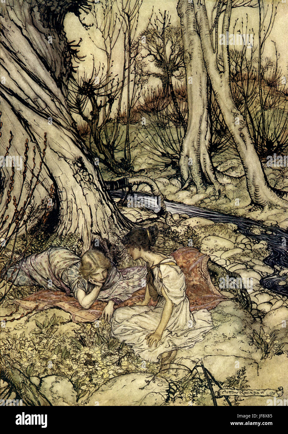 A Midsummer Night's Dream. Illustration by Arthur Rackham (1867 - 1939) to the play by William Shakespeare. Act 1 scene 1, Hermia and Lysander: 'where often you and I / Upon faint primrose-buds were wont to lie, / Emptying our bosoms of their counsel sweet' English poet and playwright baptised 26 April 1564 – 23 April 1616. Stock Photo