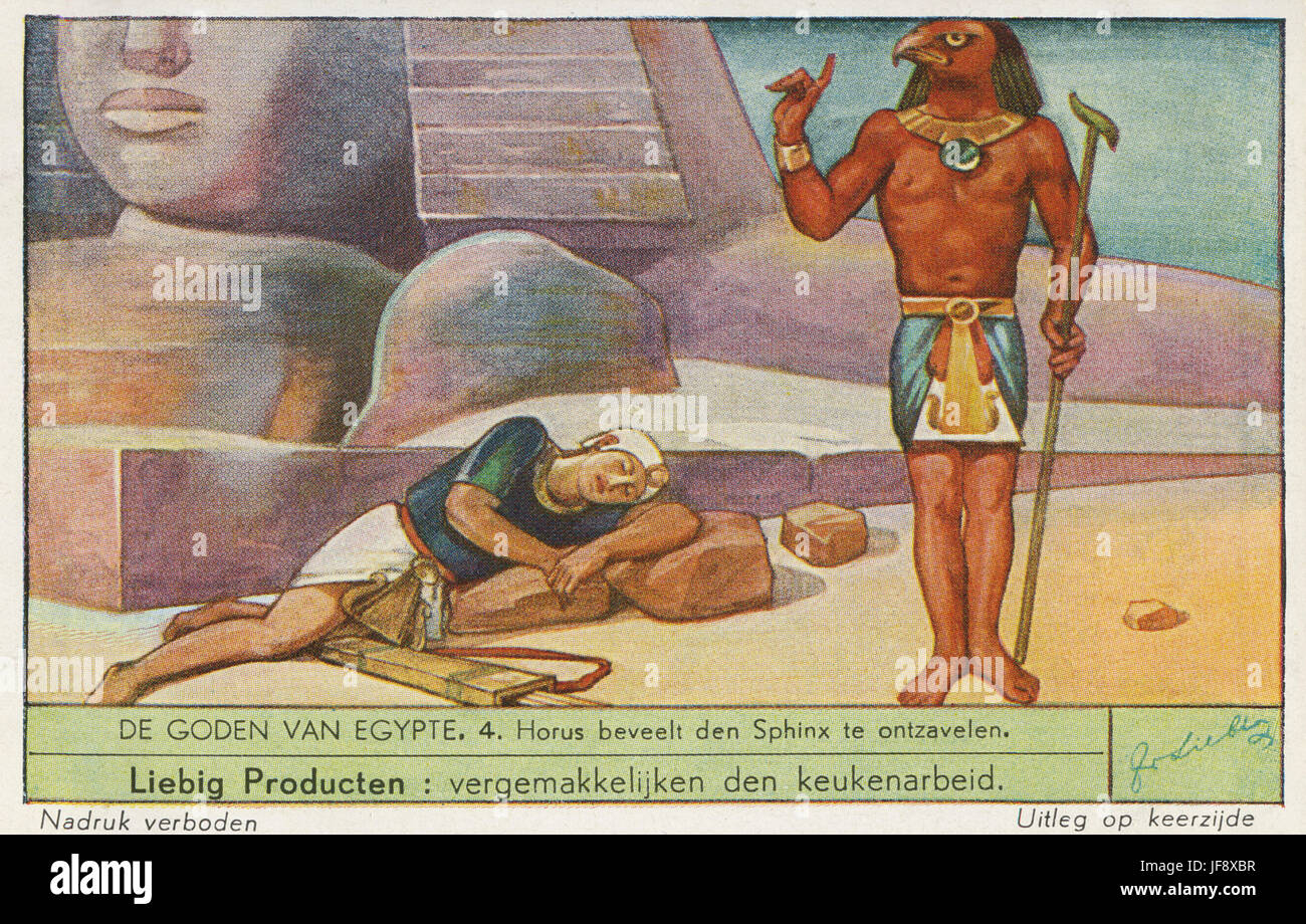Egyptian gods. Horus and the sphinx. Liebig collectors' card, 1938 Stock Photo