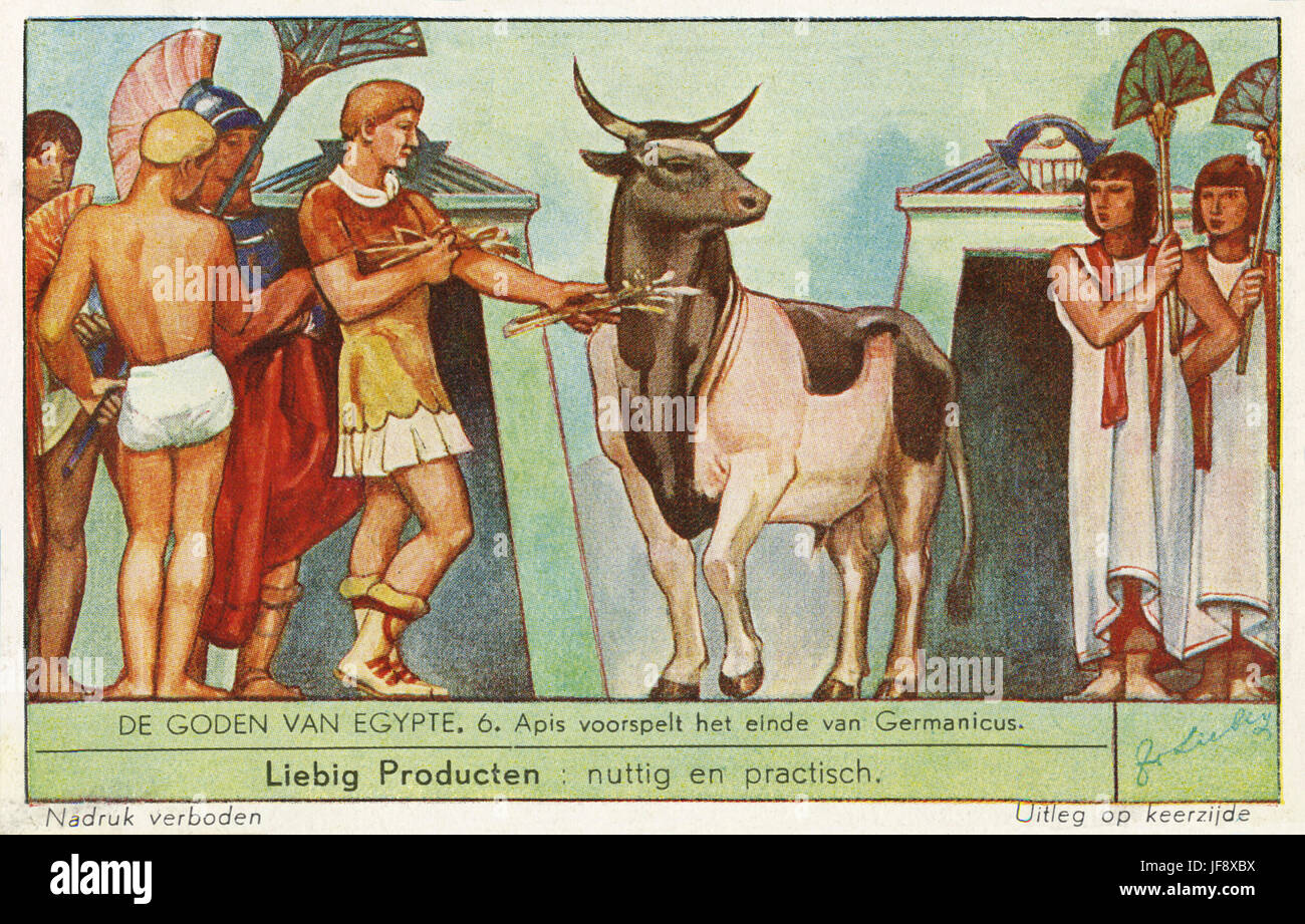 Egyptian gods. Apis, sacred bull, predicts the downfall of the Roman emperor Germanicus. Liebig collectors' card, 1938 Stock Photo