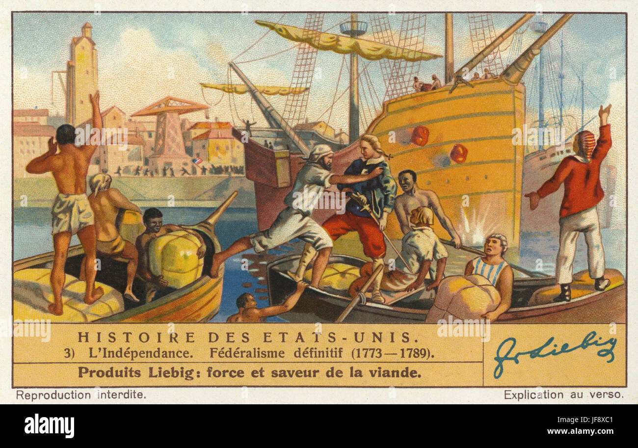Boston Tea Party, 1773. Event leading up to the American Revolution. History of the USA. Liebig collectors' card, 1938 Stock Photo