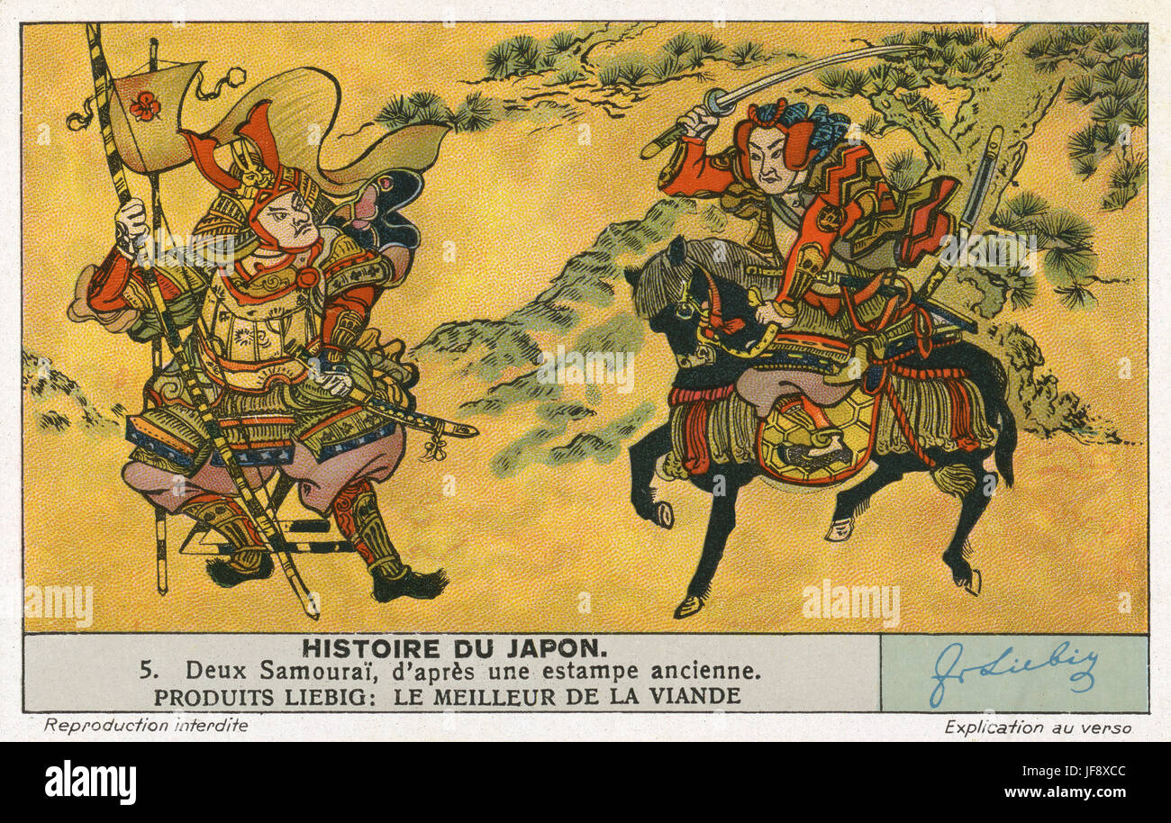 Samurai warriors. History of Japan. Liebig collectors' card, 1938 Stock Photo