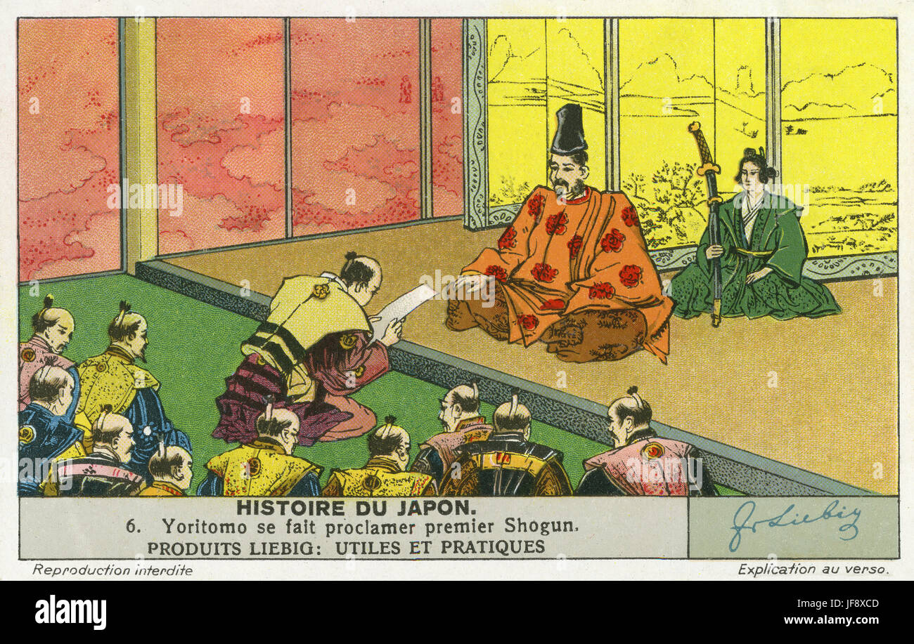 Minamoto no Yoritomo (9 May 1147 - 9 February 1199) founds Kamakura Shogunate of Japan and proclaims himself first shogun. History of Japan. Liebig collectors' card, 1938 Stock Photo