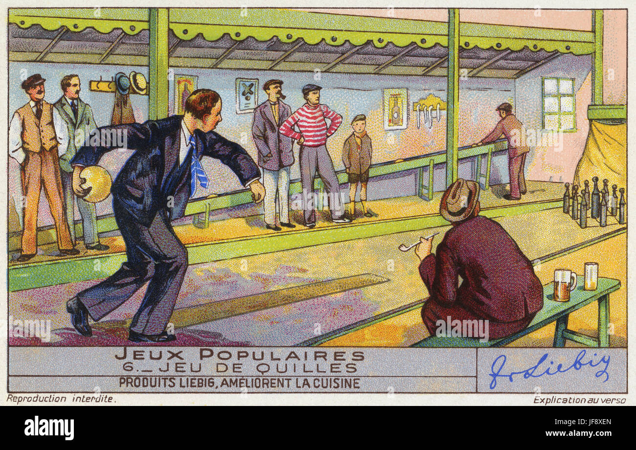 Bowling (jeu de quilles). Popular games, early 20th century France. Liebig collectors' card, 1939 Stock Photo