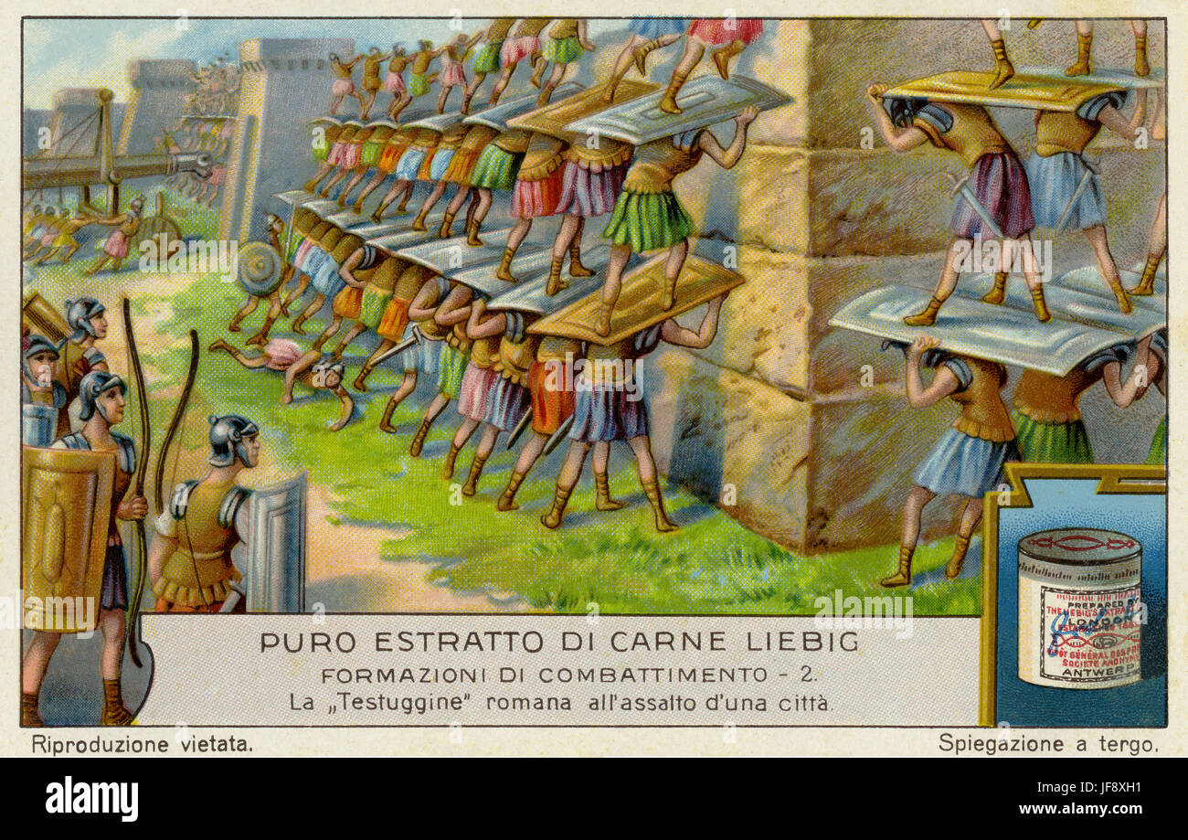 Roman tortoise formation, besieging a city. Battle formations. Liebig collectors' card, 1929 Stock Photo