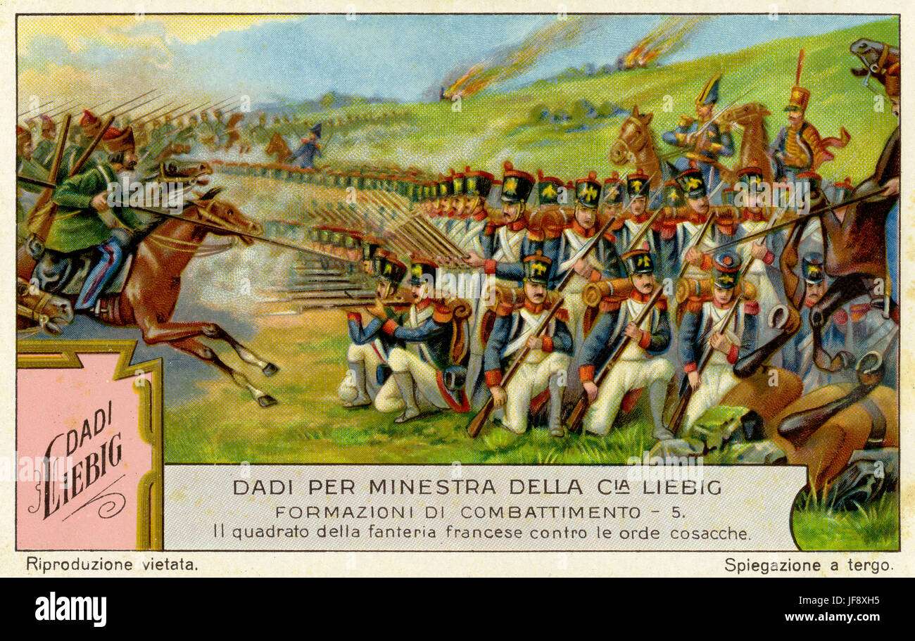 Napoleonic infantry square used in defense against Cossack cavalry attack. Battle formations. Liebig collectors' card, 1929 Stock Photo