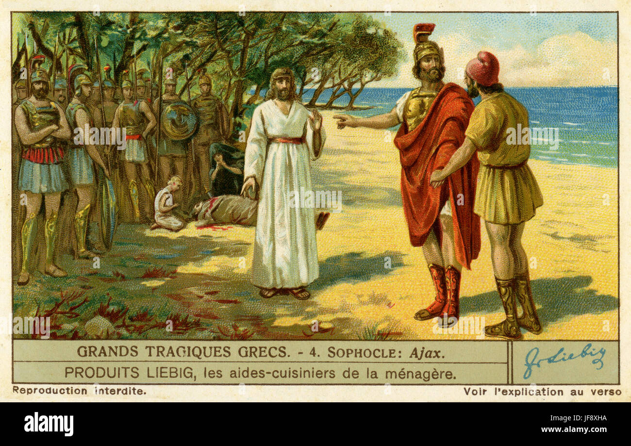Ajax, play by Sophocles. Final scene - Ajax's body is discovered after his suicide. Greek tragedies. Liebig collectors' card 1931 Stock Photo
