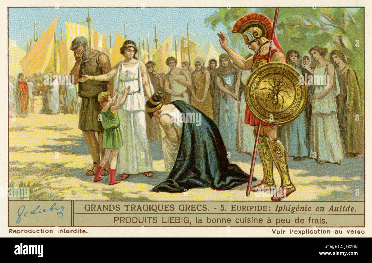 Iphigenia in Aulis - play by Euripides. Iphigenia and her mother Clytemnestra learn she will be sacrificed by Agamemnon to appease the goddess Diana. Greek tragedies. Liebig collectors' card 1931 Stock Photo