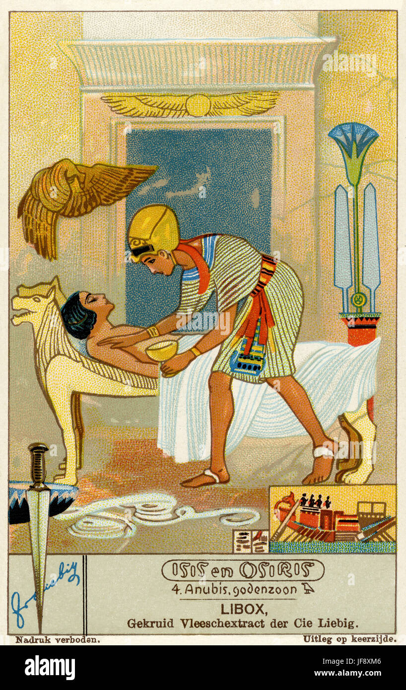 Anubis helps to embalm Osiris. Isis and Osiris. Liebig collectors' card 1933 Stock Photo