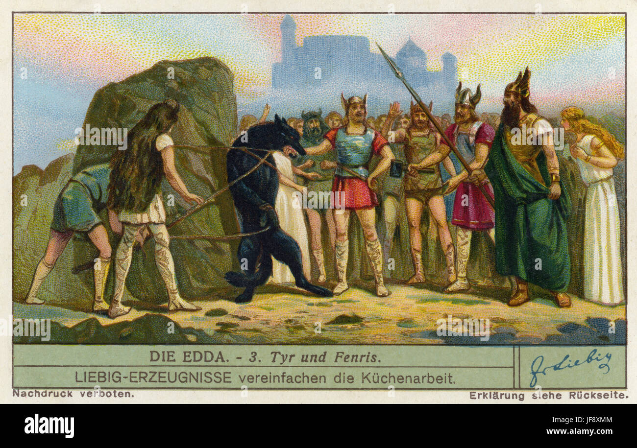 Fenrir the wolf / warg is bound by the gods and bites off the right hand of the god Tyr. Edda - Norse saga. Liebig collectors' card 1934 Stock Photo