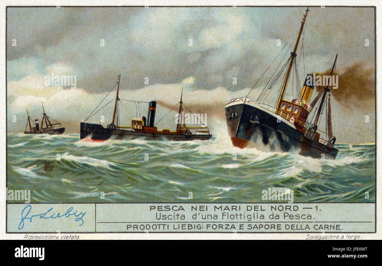 Fleet of fishing boats. North Sea fishing. Liebig collectors' card 1934 Stock Photo