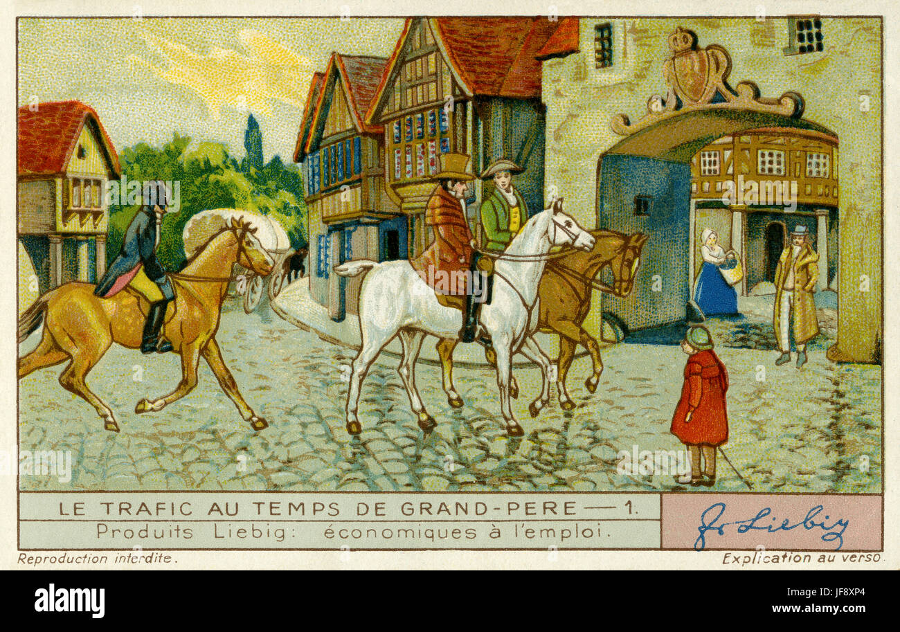 Travel on horseback. Historical modes of transport. Liebig collectors' card 1935 Stock Photo