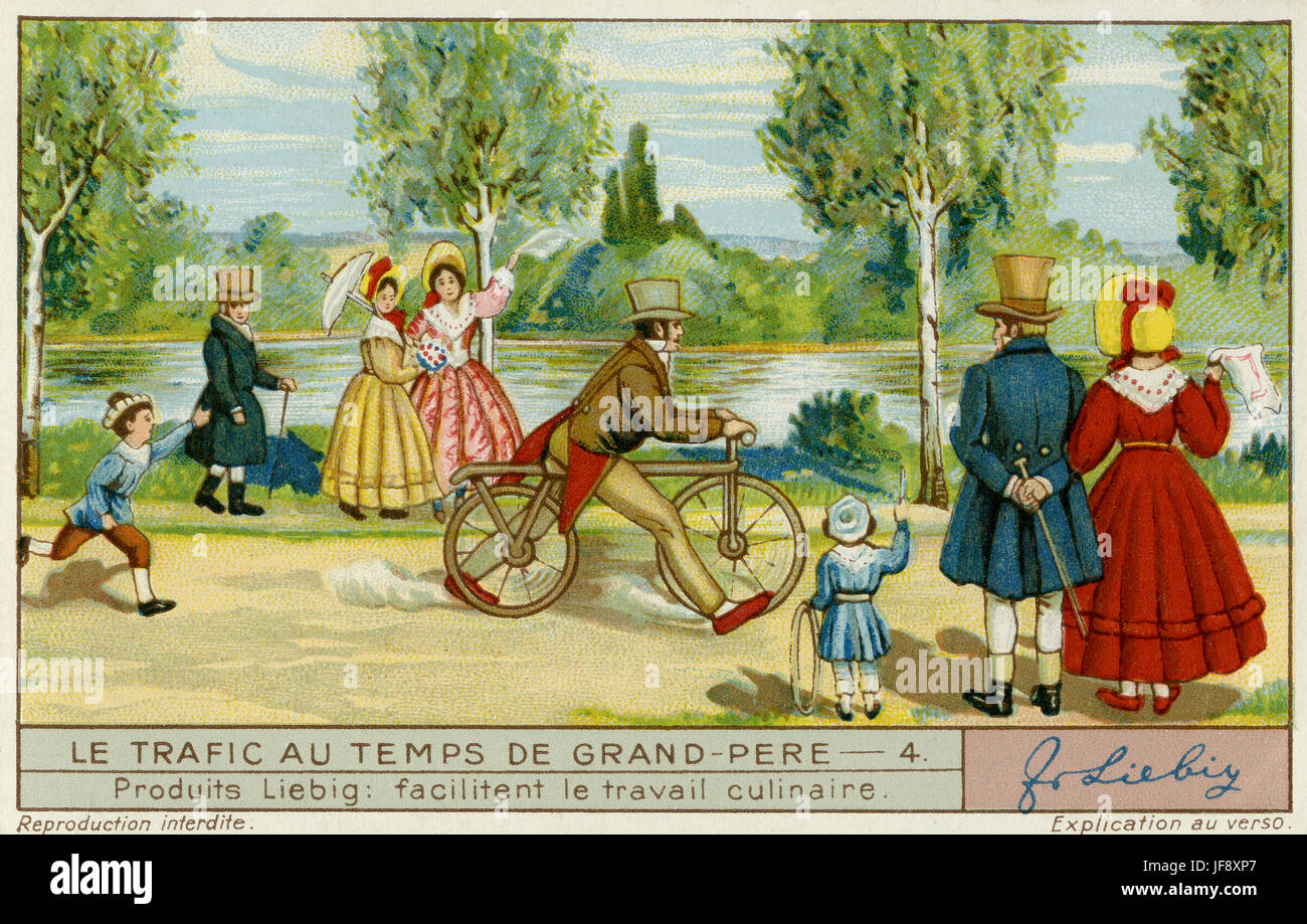 Early form of bicycle. Historical modes of transport. Liebig collectors' card 1935 Stock Photo