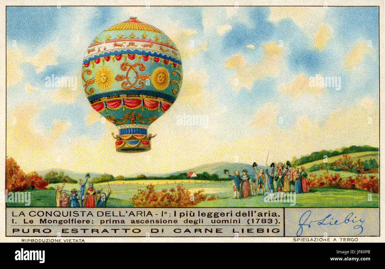 First hot air balloon flight, Montgolfier balloon demonstrated in 1783, Annonay, France. Air travel. Liebig collectors' card 1935 Stock Photo
