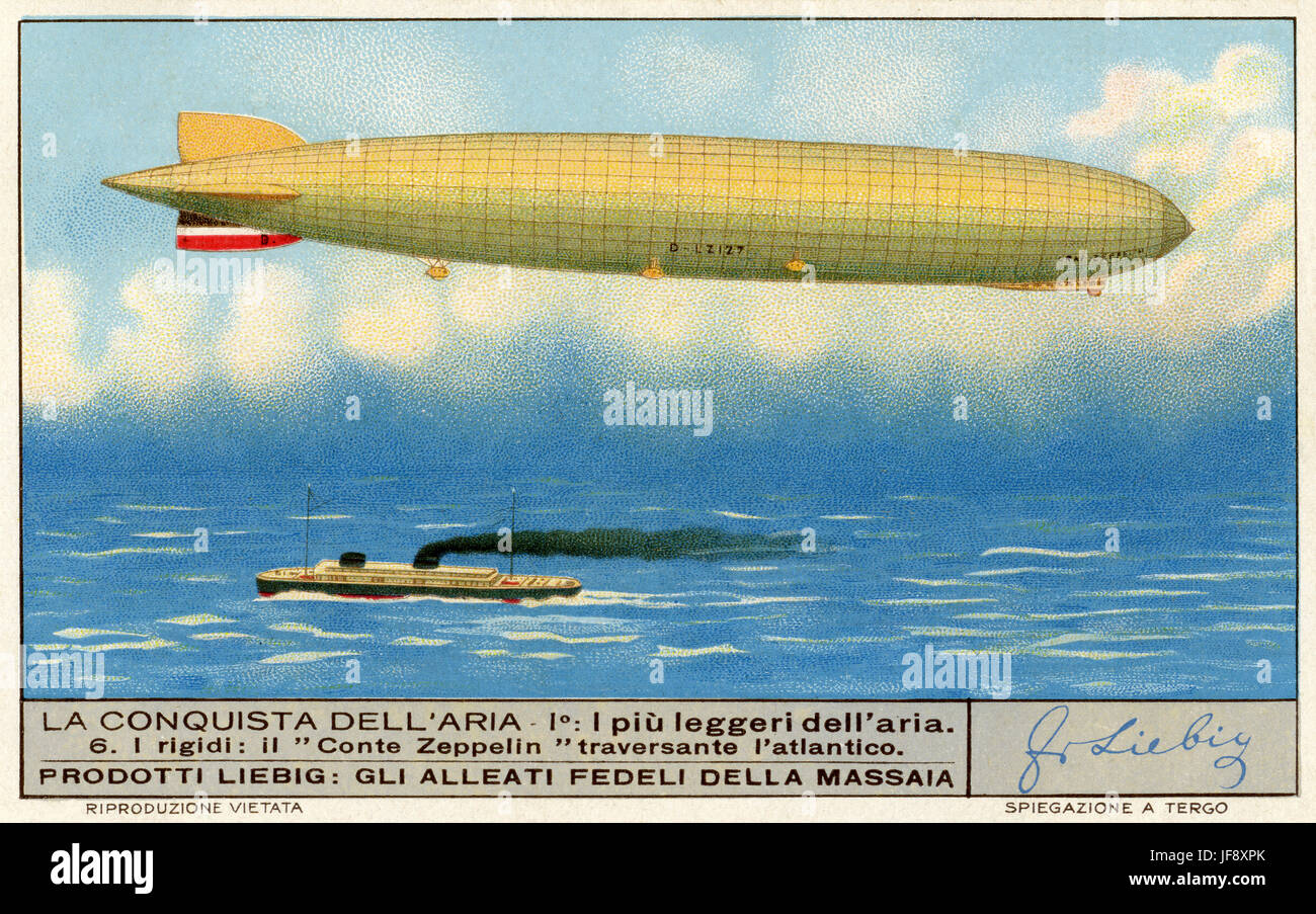 Graf Zeppelin, first commercial passenger transatlantic flight service in the world, 1928. Air travel. Liebig collectors' card 1935 Stock Photo