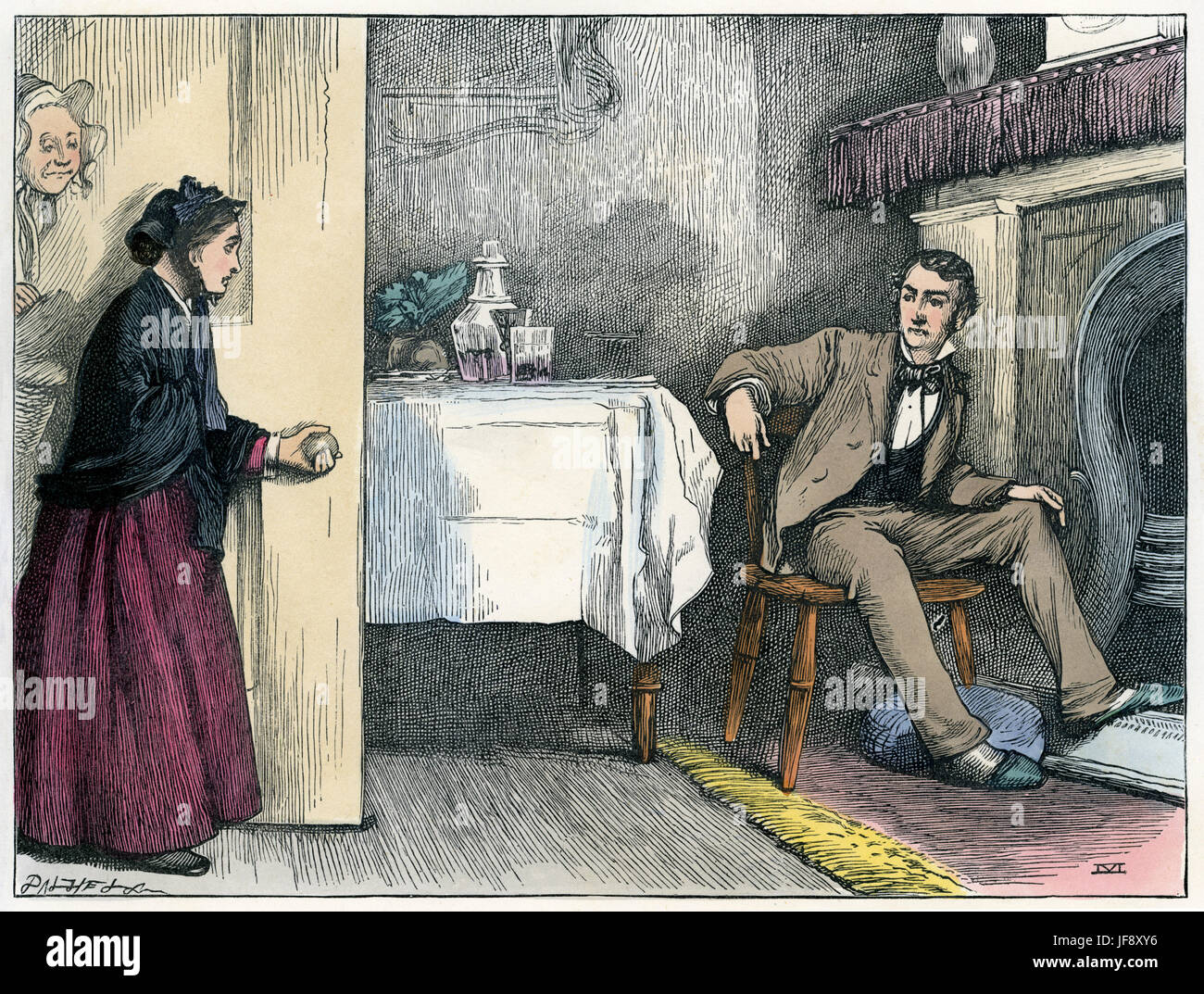 Little Dorrit, novel by Charles Dickens (7 February 1812 – 9 June 1870). Arthur Clennam and Little Dorrit, chapter 14. Illustration by Fred Barnard (16 May 1846 – 28 September 1896) Stock Photo