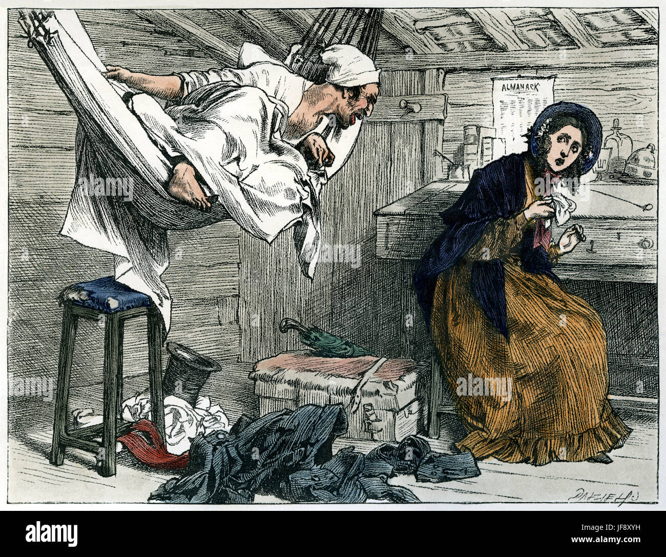 Mr. and Mrs. Quilp, The Old Curiosity Shop, novel by Charles Dickens (7 February 1812 – 9 June 1870). Illustration by Fred Barnard (16 May 1846 – 28 September 1896) Stock Photo