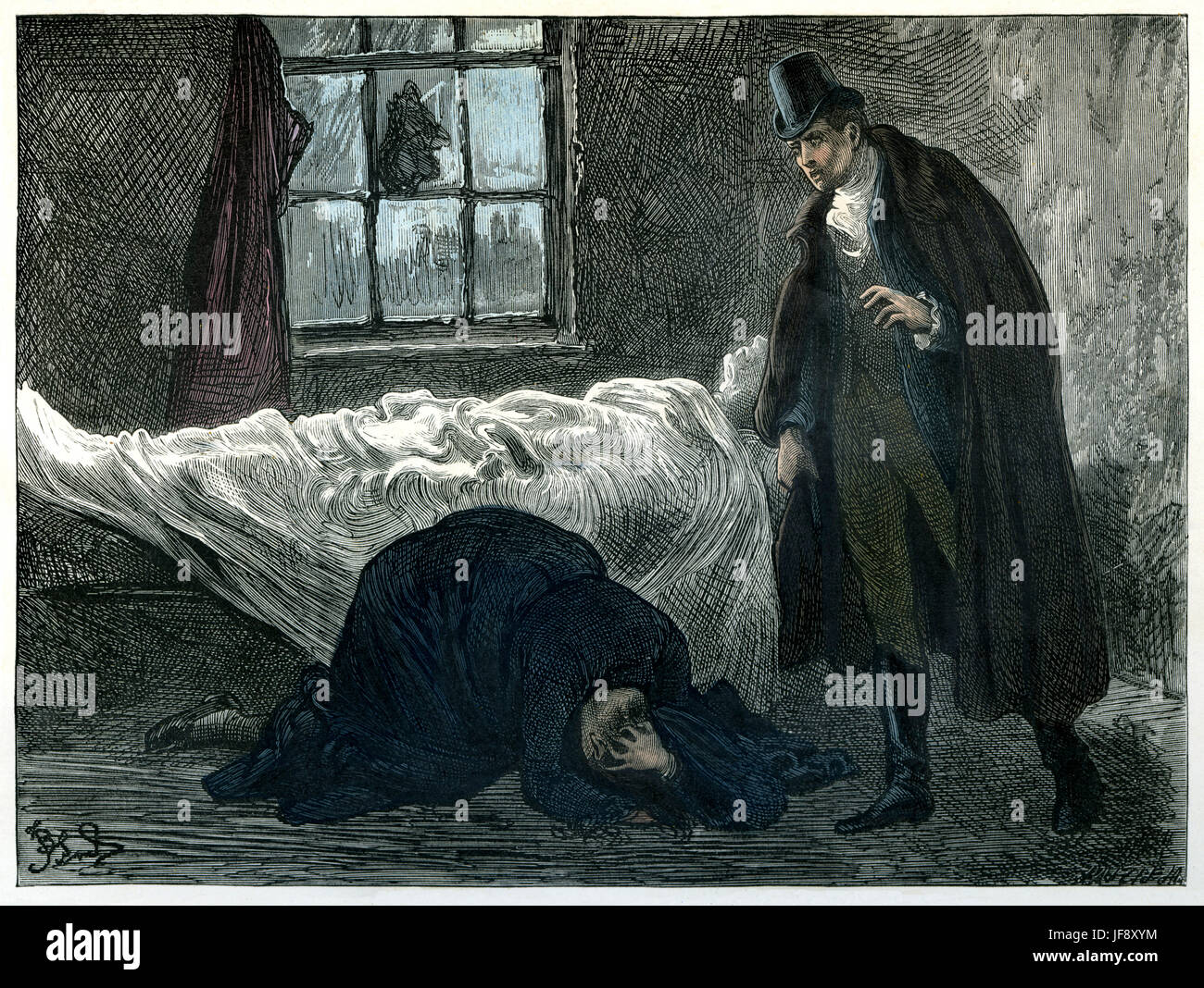 Sketches by Boz, by Charles Dickens (7 February 1812 – 9 June 1870). Chapter 6: 'Who was he?' inquired the surgeon. 'My son!' rejoined the woman; and fell senseless at his feet. Illustration by Fred Barnard (16 May 1846 – 28 September 1896) Stock Photo