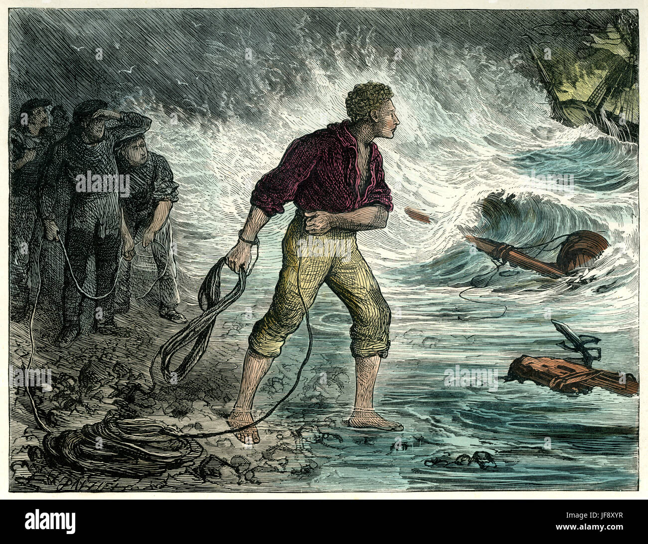 David Copperfield, novel by Charles Dickens (7 February 1812 – 9 June 1870). Chapter 55: Ham swims out into the storm to rescue the Portuguese sailors. Illustration by Fred Barnard (16 May 1846 – 28 September 1896) Stock Photo