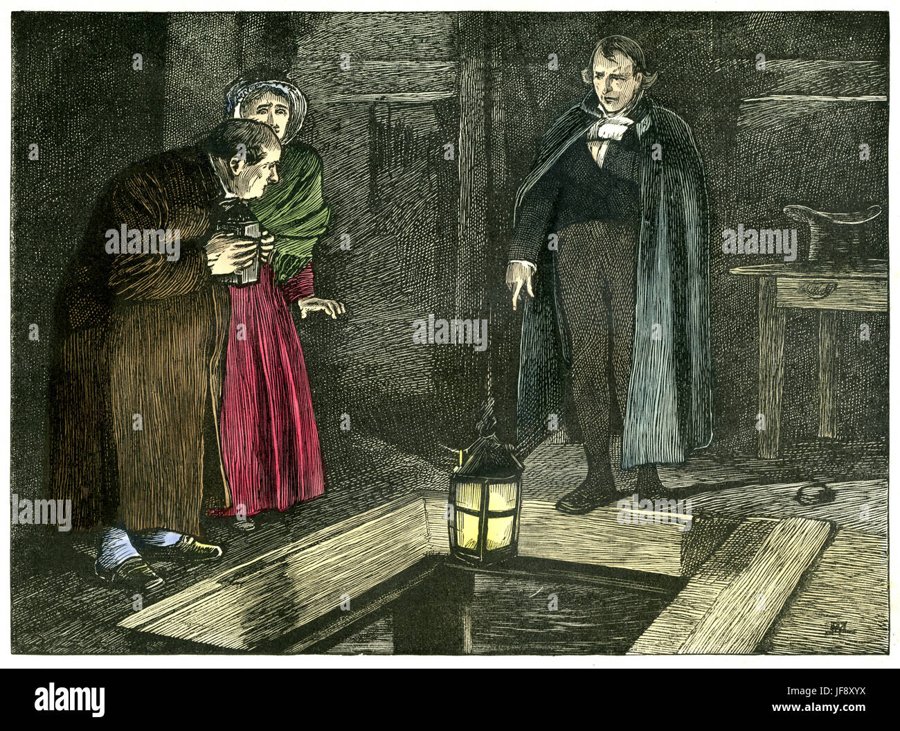 Oliver Twist, novel by Charles Dickens (7 February 1812 – 9 June 1870). Chapter 38: Mr. Bumble watches Mr Monks destroy the evidence of Oliver's family connections. Illustration by Fred Barnard (16 May 1846 – 28 September 1896) Stock Photo