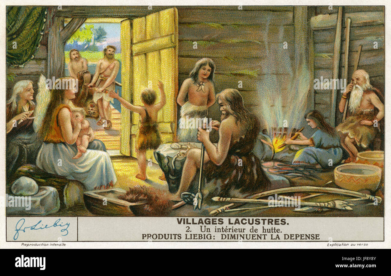 Interior of a palafitte / stilt dwelling on a lake, southern Europe. Bronze Age lacustrine village, c. 600 BC. Liebig collectors card, 1939 Stock Photo