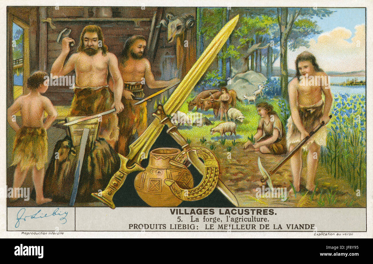 Metallurgy and agriculture. Bronze Age lacustrine village, c. 600 BC. Liebig collectors card, 1939 Stock Photo