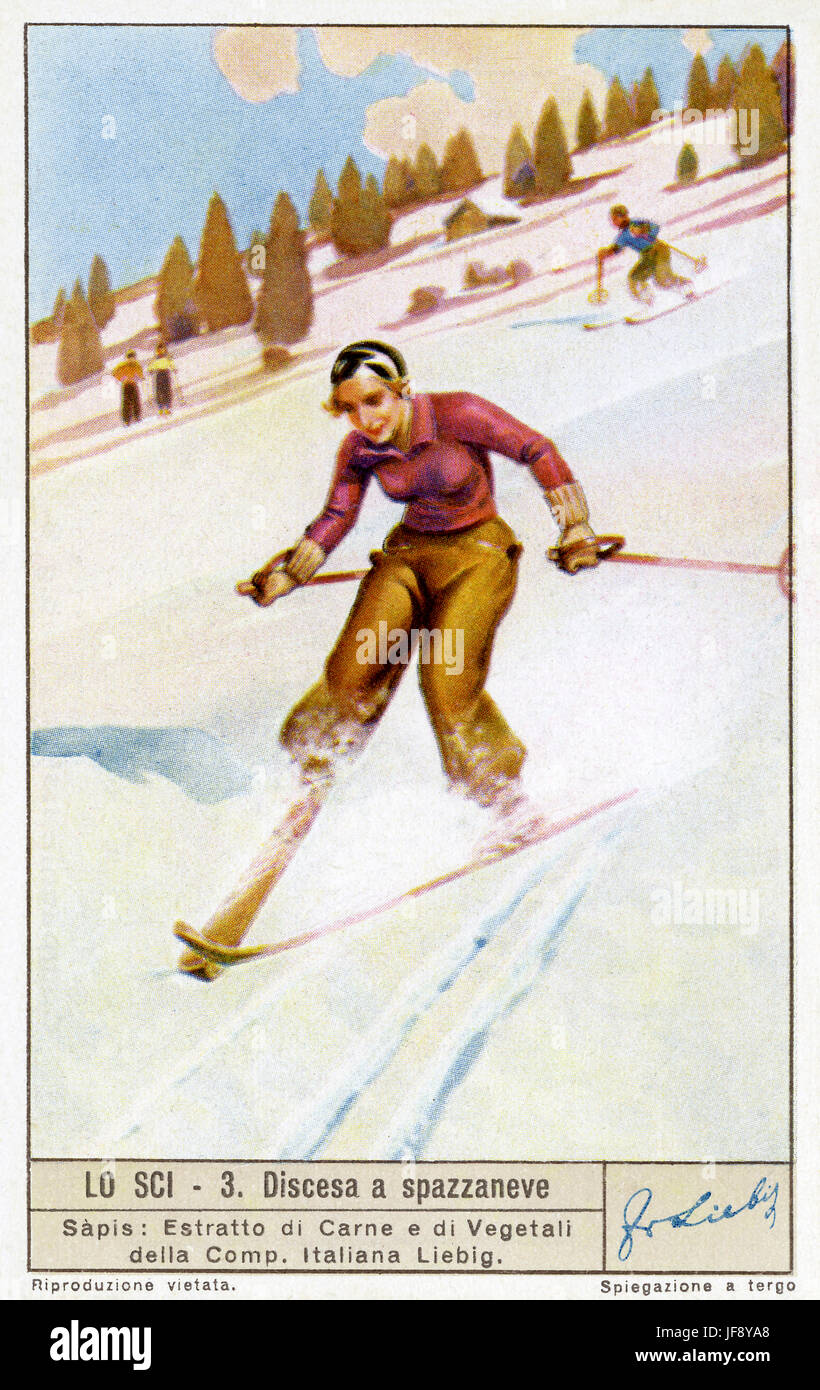 Downhill snowplow technique. Skiing. Liebig collectors card, 1940 Stock