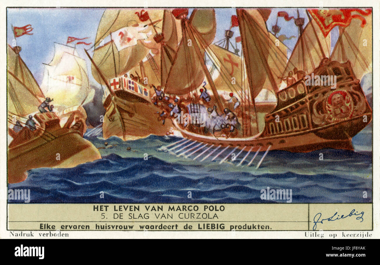 Marco Polo (1254 – 8 January 1324), Venetian explorer. Battle of Curzola, where Marco Polo was captured by the Genoese. Liebig collectors card, 1941 Stock Photo