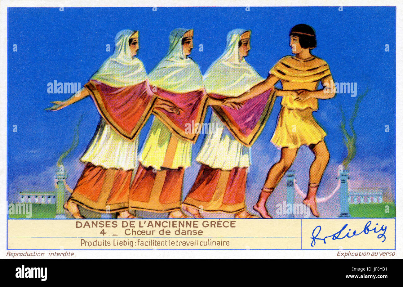 Tratta dance chorus. Dances of ancient Greece. Liebig collectors card
