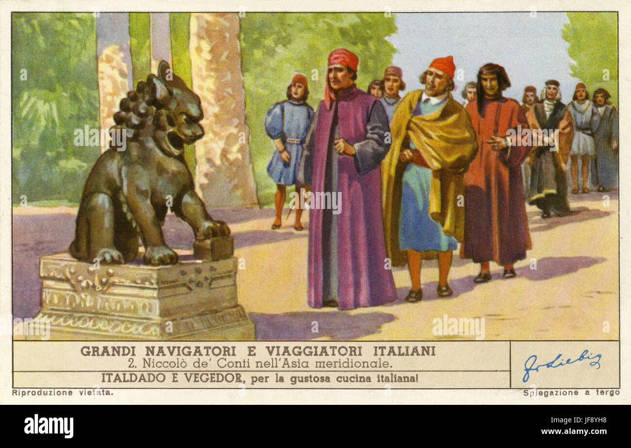 Niccolo de Conti, Venetian merchant, travelling in South East Asia. Famous Italian explorers. Liebig collectors card, 1949 Stock Photo