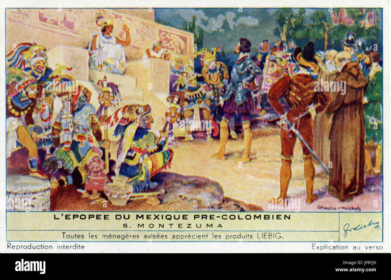 Montezuma II (c. 1466 – 29 June 1520), ruler of Tenochtitlan, killed during Spanish conquest of Mexico. Pre-Colombian Mexican culture. Liebig collectors card, 1950 Stock Photo