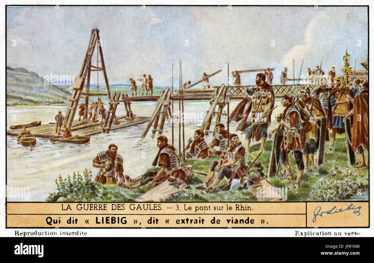 Caesar's bridge across the Rhine. Gallic wars (58 BC to 50 BC), military campaigns led by Julius Caesar against Gallic tribes. Liebig collectors card, 1950 Stock Photo