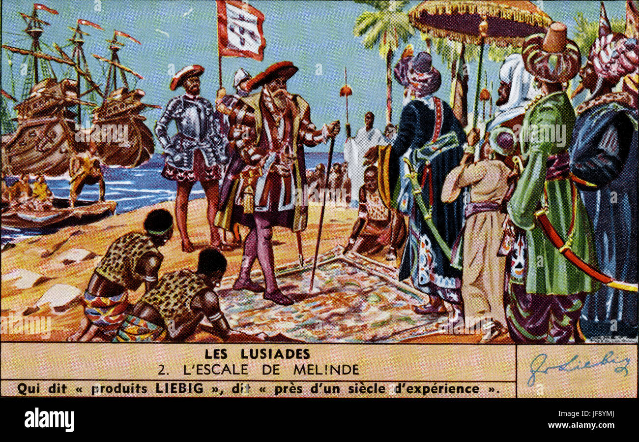 The fleet lands at Melinde where it is welcomed by a friendly Sultan, Canto II. The Lusiads, epic poem by Luis Vaz de Camoes (c. 1524 – 20 June 1580), Portuguese writer. Liebig collectors card, 1950 Stock Photo