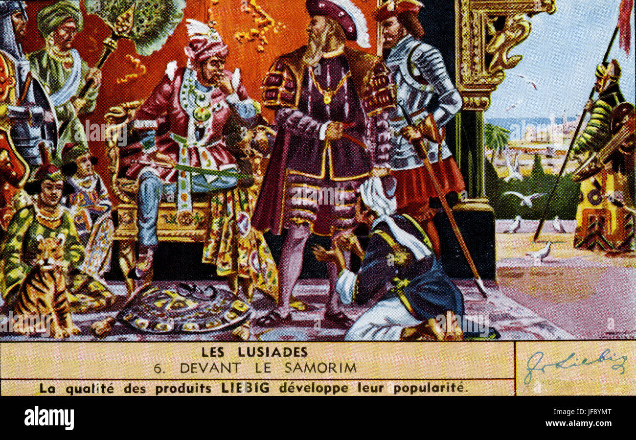 The fleet reaches Calicut and are summoned to the court of King Samorim. The Lusiads, epic poem by Luis Vaz de Camoes (c. 1524 – 20 June 1580), Portuguese writer. Liebig collectors card, 1950 Stock Photo