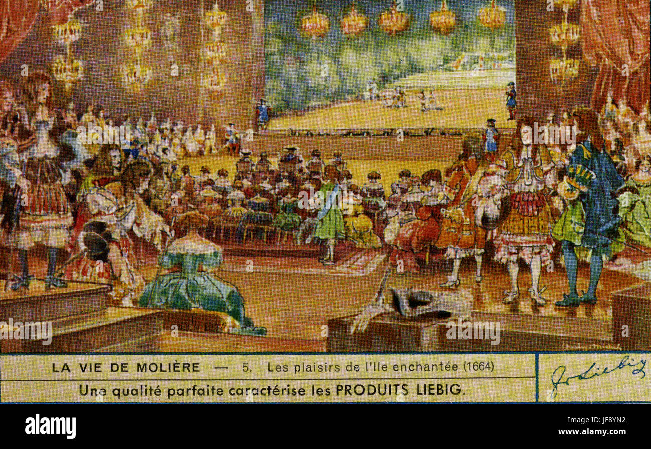 The Pleasures of the Enchanted Island - programme of festivities organised at Versailles by Louis XIV,  collaboration between Molière and Lully. May 1664. Life of Moliere (Jean-Baptiste Poquelin, 15 January 1622 – 17 February 1673), French playwright and actor. Liebig collectors card, 1950 Stock Photo