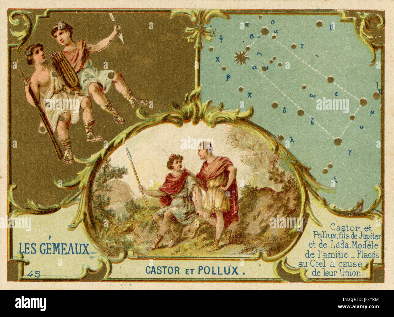 Gemini. Castor and Pollux. Constellations. Collectors card Stock Photo