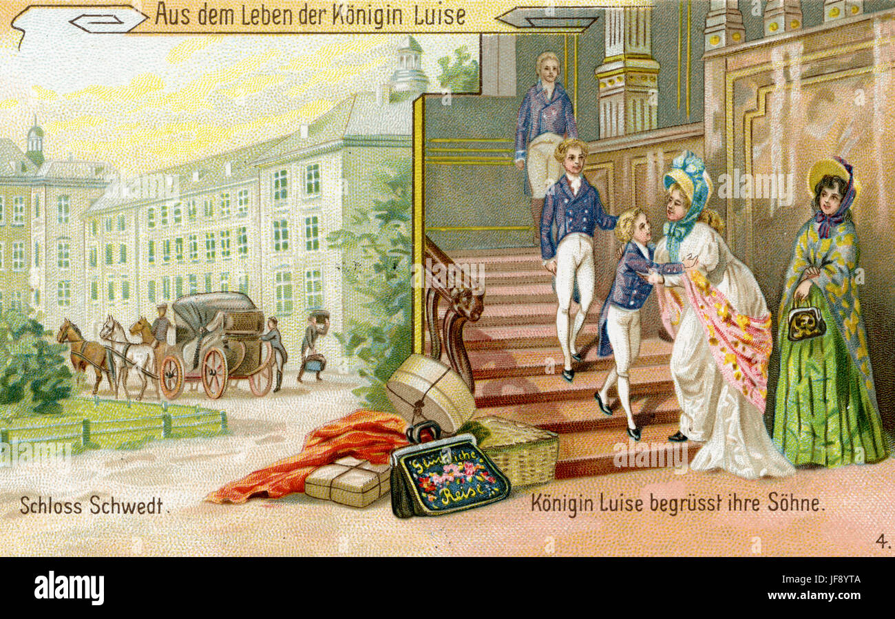 Queen Louise is reunited with her sons at Schloss Schwedt after fleeing the advance of Napoleon. Life of Duchess Louise of Mecklenburg-Strelitz, Queen Consort of Prussia. Wife of Frederick William III (10 March 1776 – 19 July 1810). Stock Photo