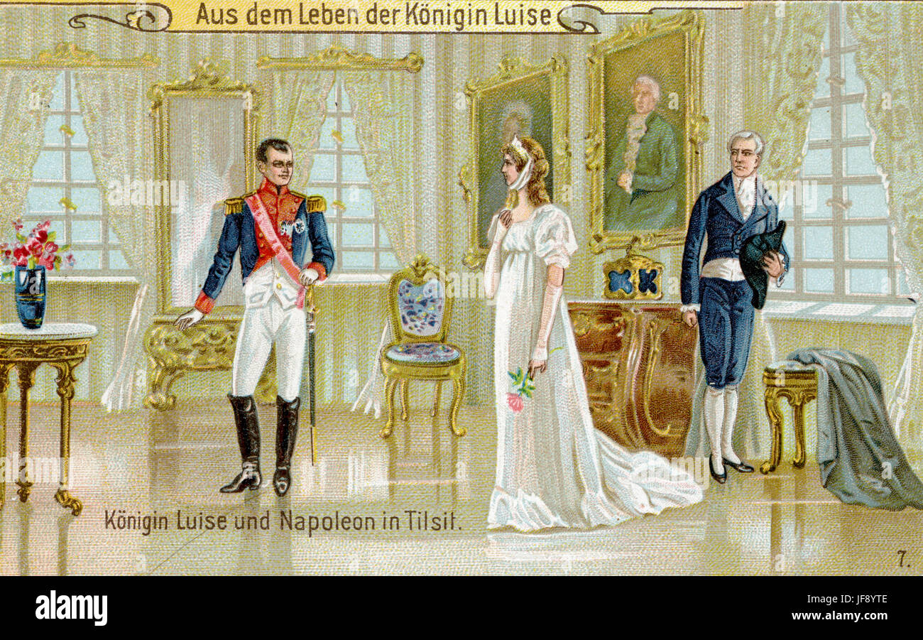 Meeting between Queen Consort Louise and Napoleon to negotiate peace, Tilsit, 1807. Life of Duchess Louise of Mecklenburg-Strelitz, Queen Consort of Prussia. Wife of Frederick William III (10 March 1776 – 19 July 1810). Stock Photo