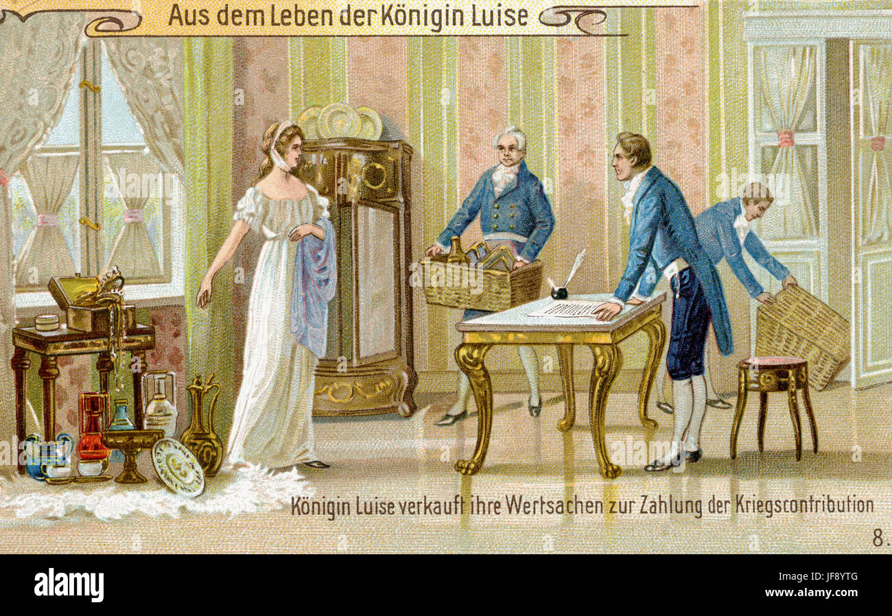 Louise sells her belongings to relieve the financial burdens of the war for Prussia. Life of Duchess Louise of Mecklenburg-Strelitz, Queen Consort of Prussia. Wife of Frederick William III (10 March 1776 – 19 July 1810). Stock Photo
